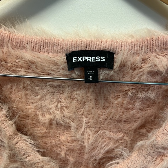 Express wome blush pink v neck sweater with fuzzy neck and shoulder accents. EUC - Picture 2 of 7